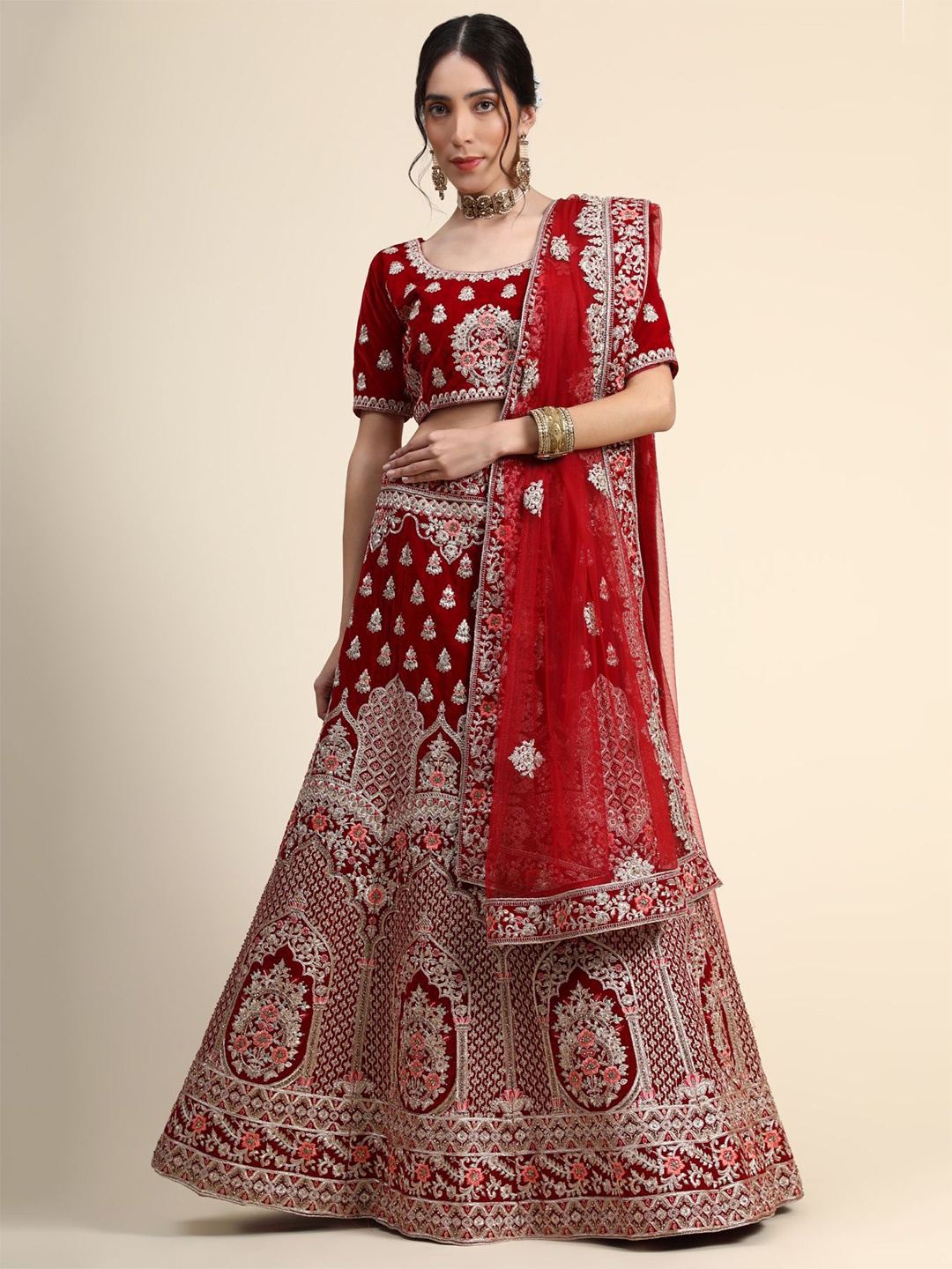 

Phenav Red & Silver-Toned Embroidered Ready to Wear Lehenga & Blouse With Dupatta