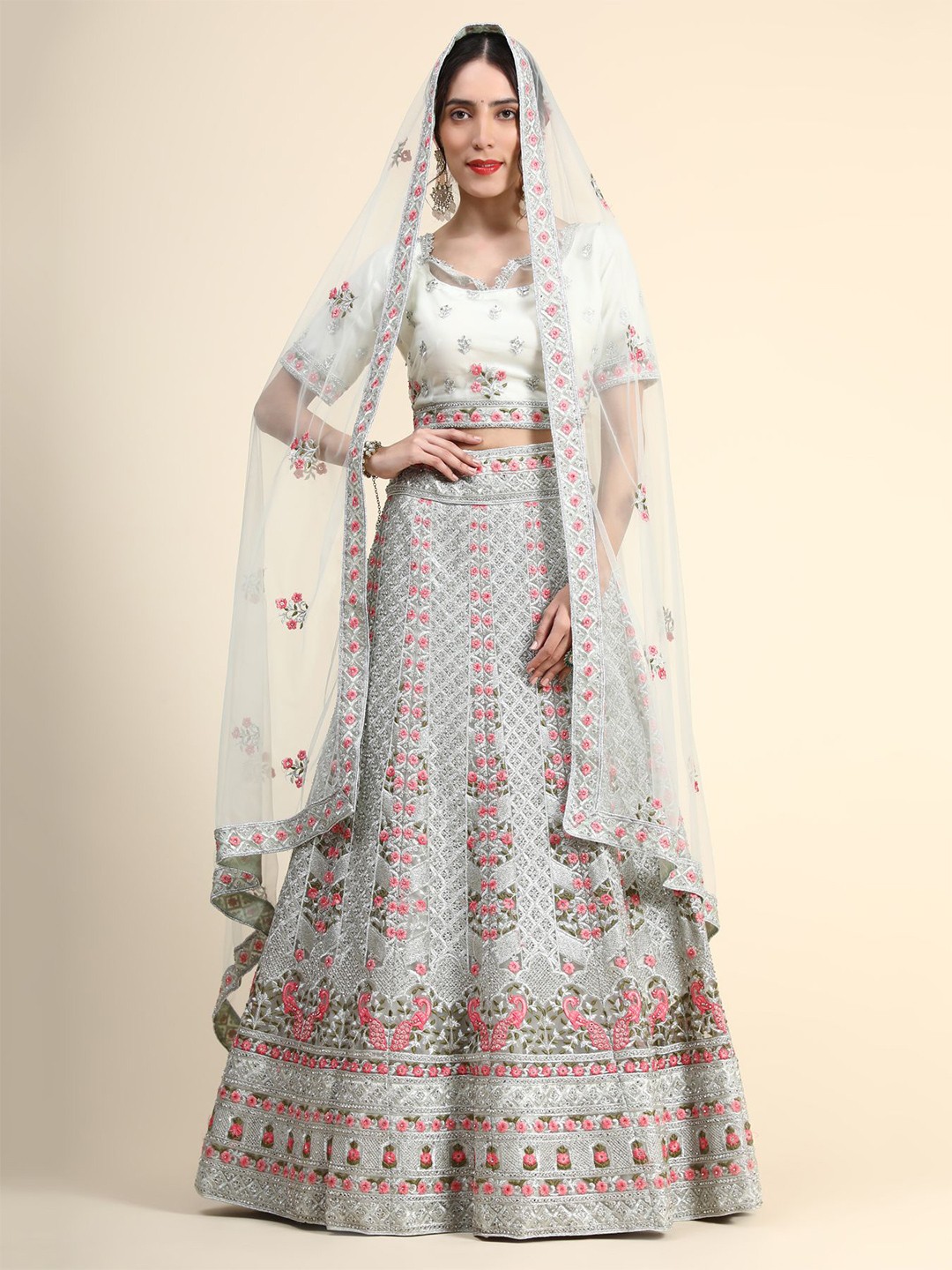 

Phenav White & Grey Embroidered Ready to Wear Lehenga & Blouse With Dupatta