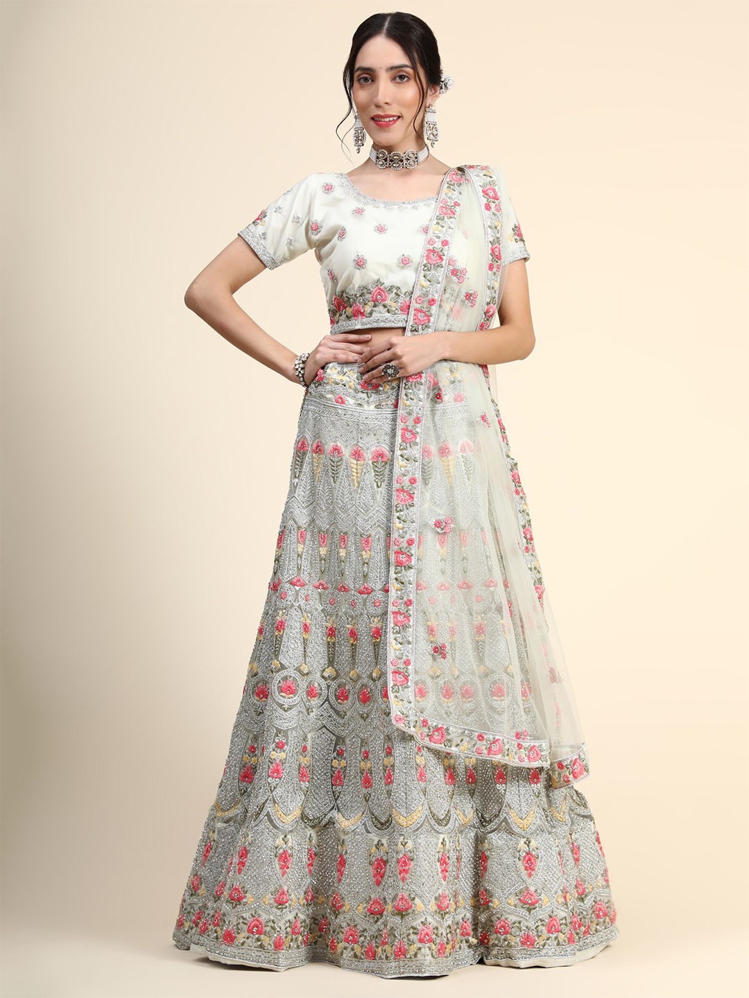 

Phenav Cream-Coloured & Green Embroidered Ready to Wear Lehenga & Blouse With Dupatta