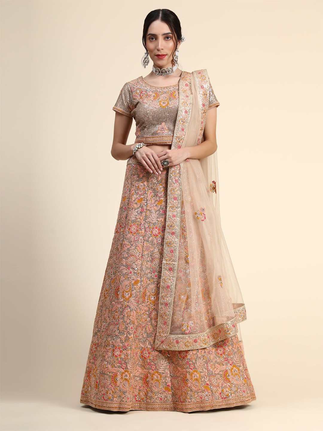 

Phenav Orange & Grey Embroidered Ready to Wear Lehenga & Blouse With Dupatta