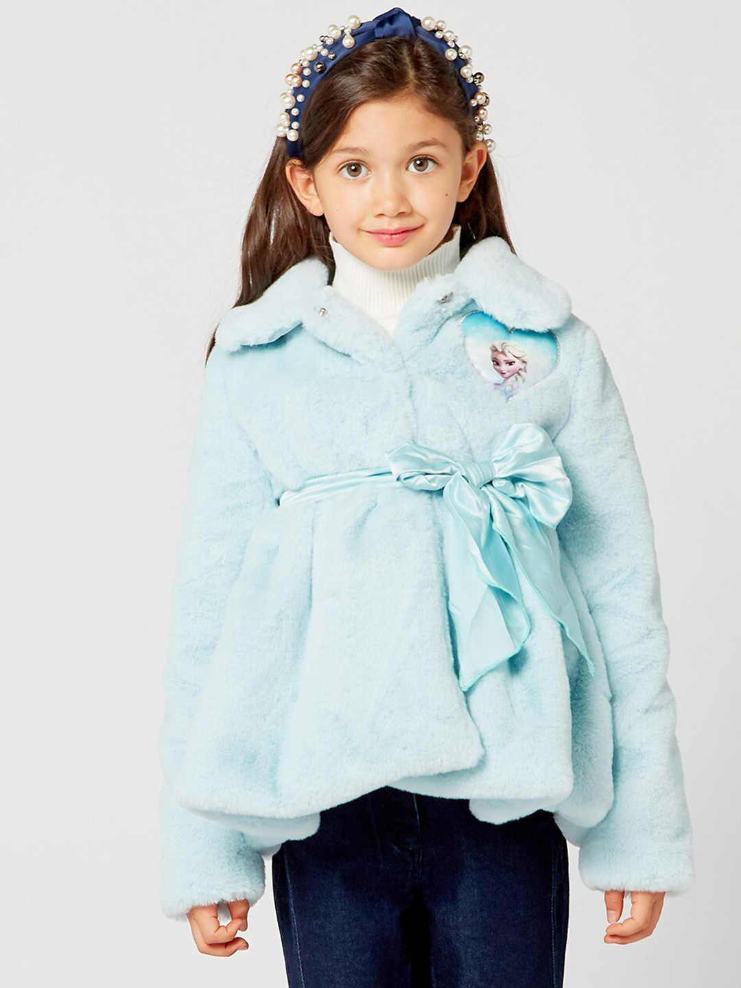 

One Friday Girls Aqua-Blue Solid Frozen-Embellished Overcoat