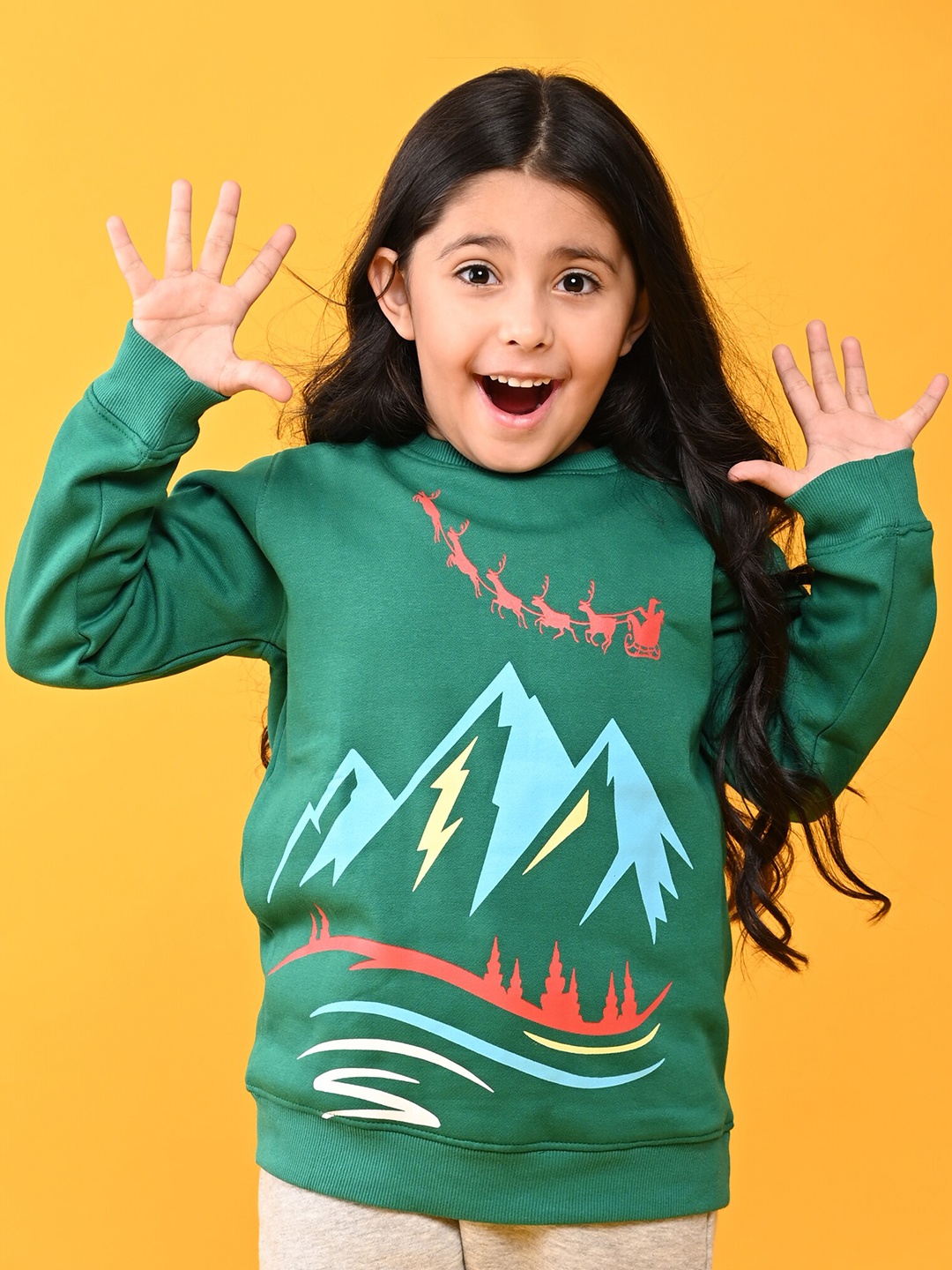 

Anthrilo Girls Green Printed Sweatshirt