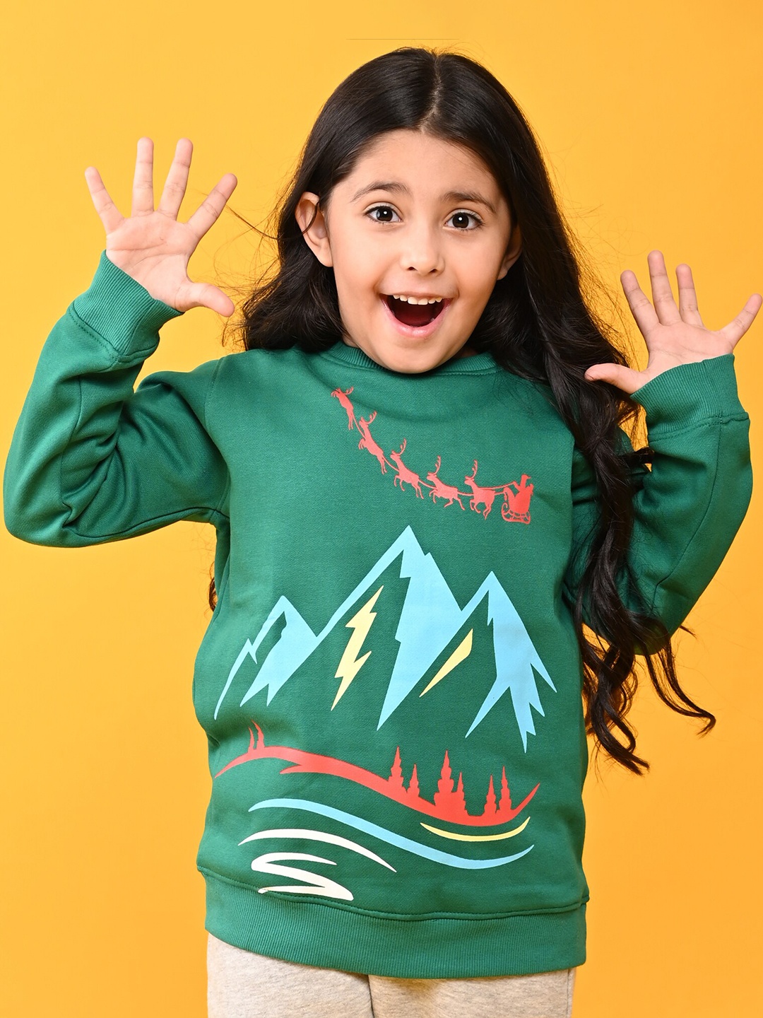 

Anthrilo Girls Green Printed Sweatshirt