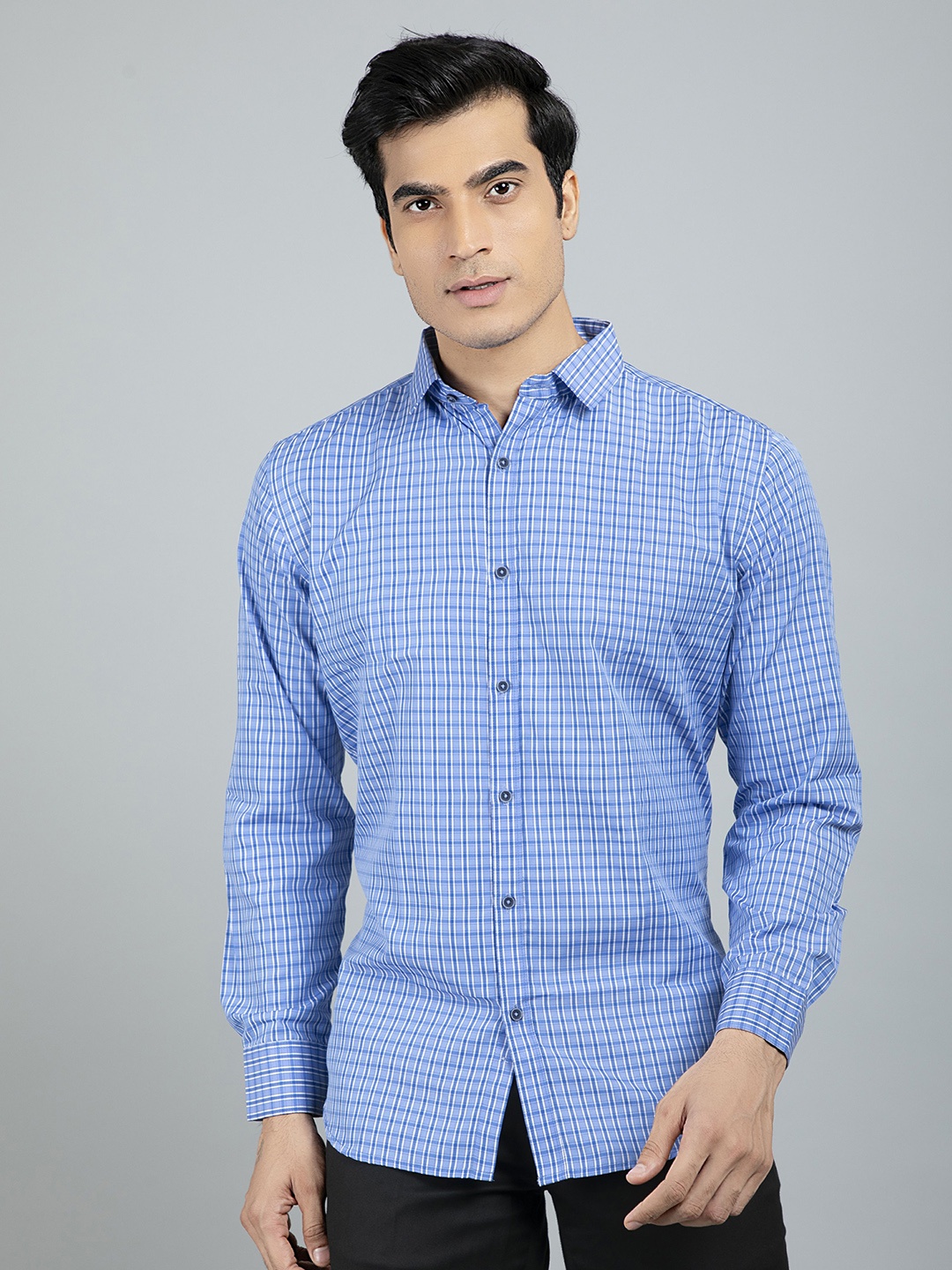 

RED FEATHER Men Grid Tattersall Checks Cotton Formal Shirt, Blue