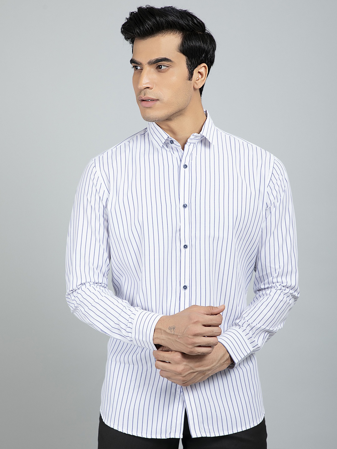 

RED FEATHER Men Striped Cotton Formal Shirt, White