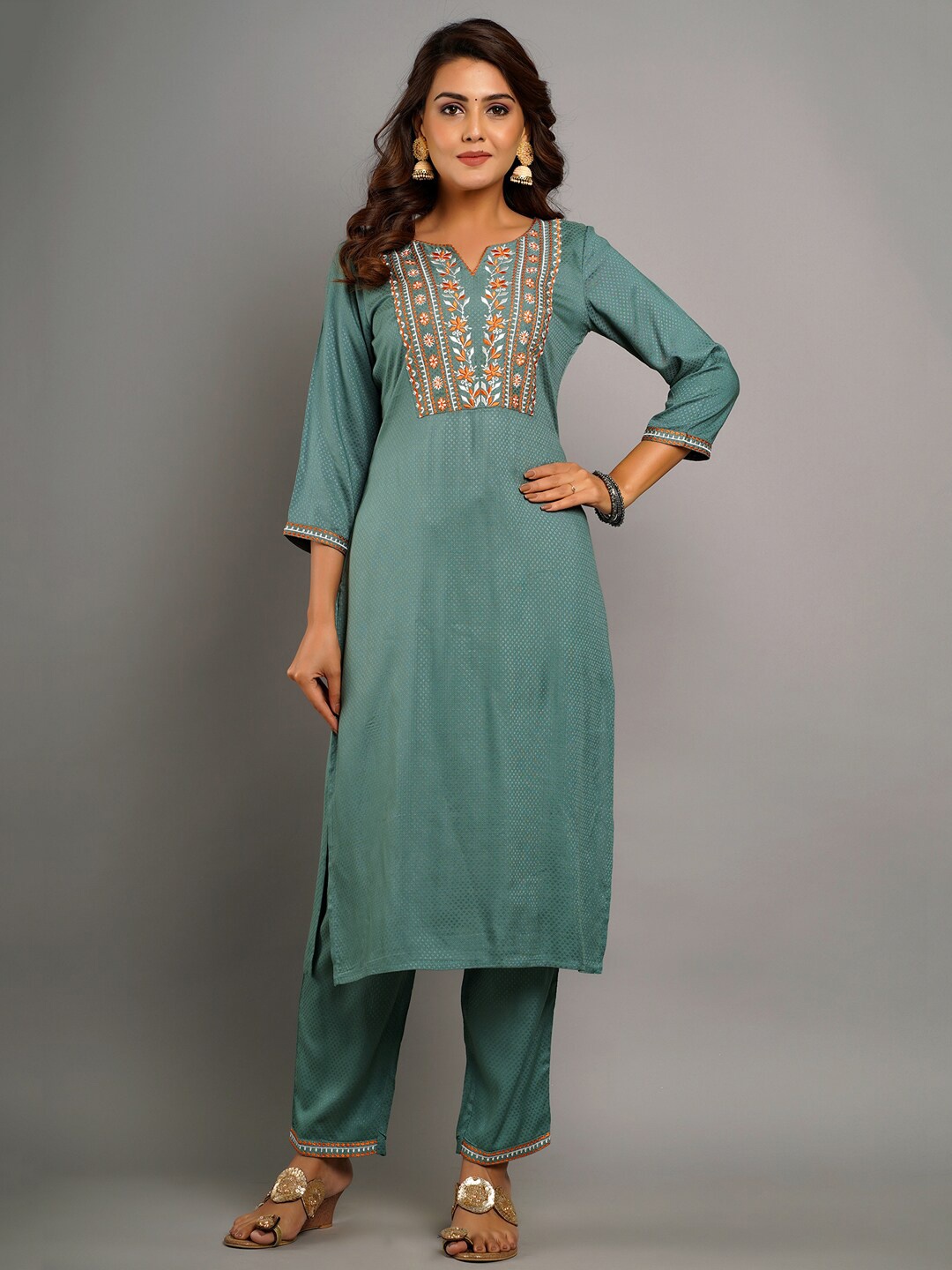 

CRAFTED FOR YOU Women Sea Green Embroidered Kurta with Trousers