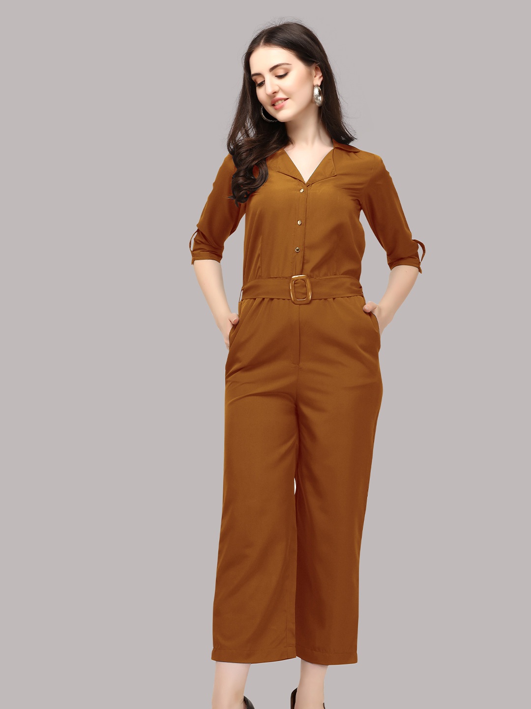 

Urban Luxe Brown Solid Basic Jumpsuit