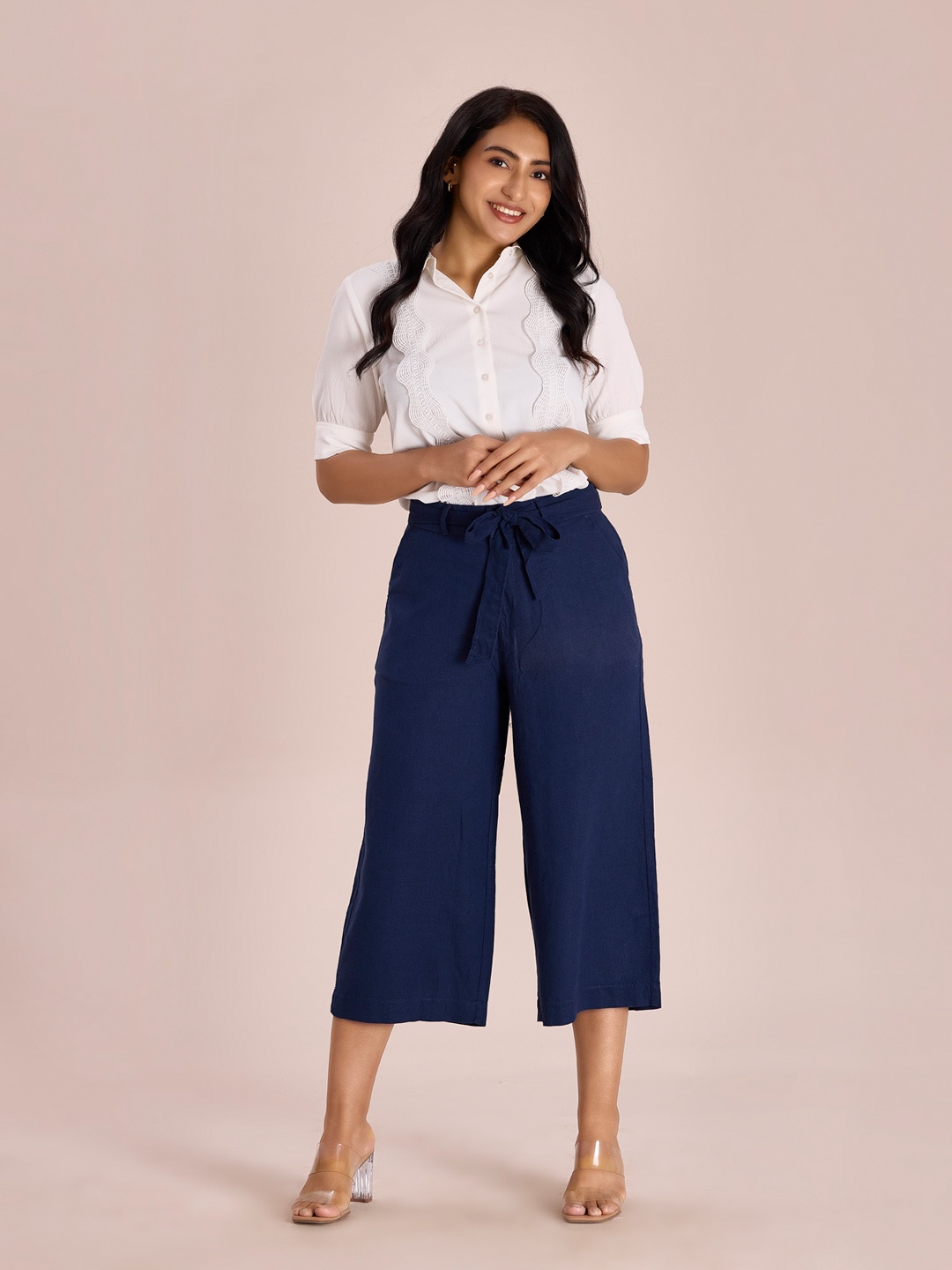 

Go Colors Women Navy Blue Plus Size Cotton Cropped Trousers