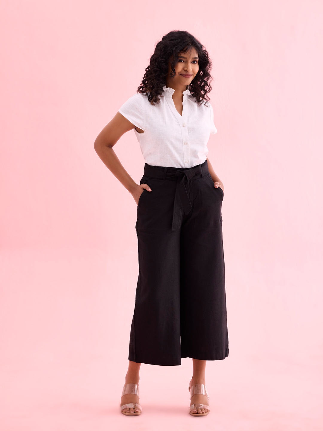 Go Colors Women Solid Mid-Rise Cropped Wide-Leg Trousers, Black