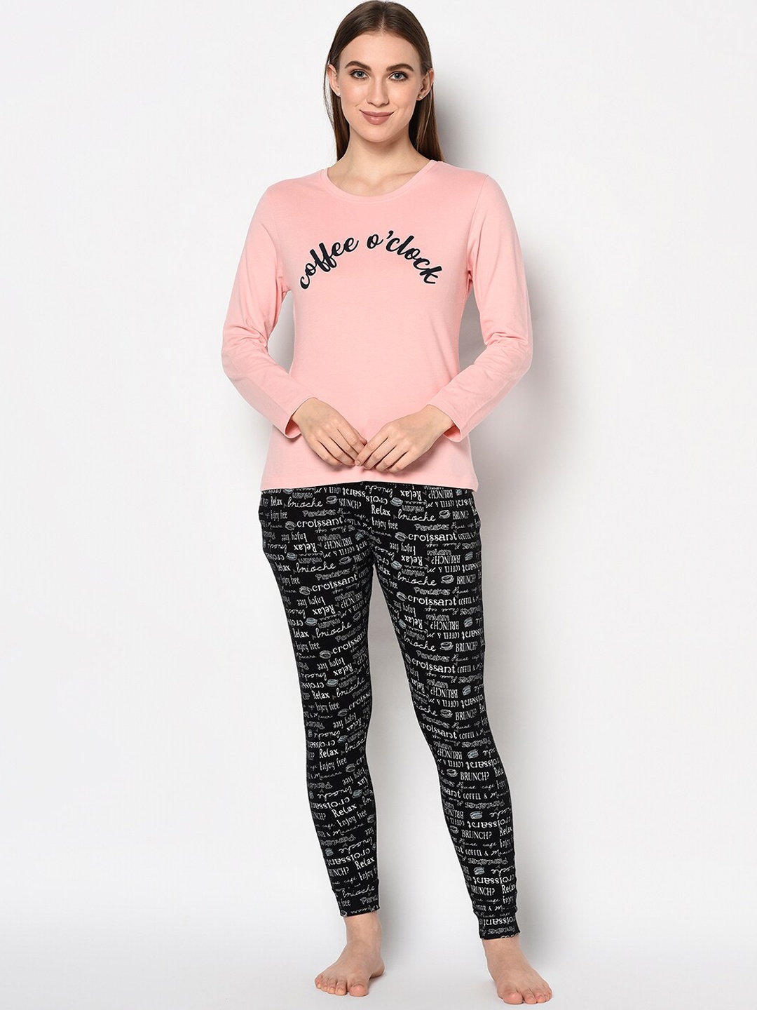 

SHARKTRIBE Women Pink & Black Printed Cotton Blend Night suit