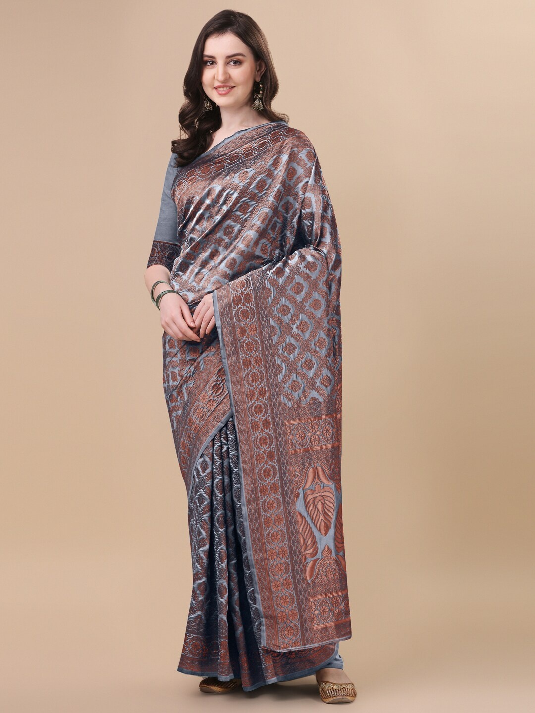 

KALINI Grey & Copper-Toned Woven Design Zari Silk Blend Banarasi Saree