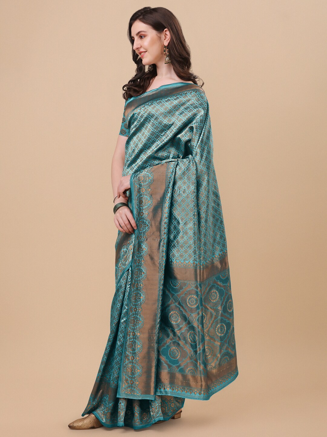 

KALINI Turquoise Blue & Copper-Toned Woven Design Zari Silk Blend Banarasi Saree