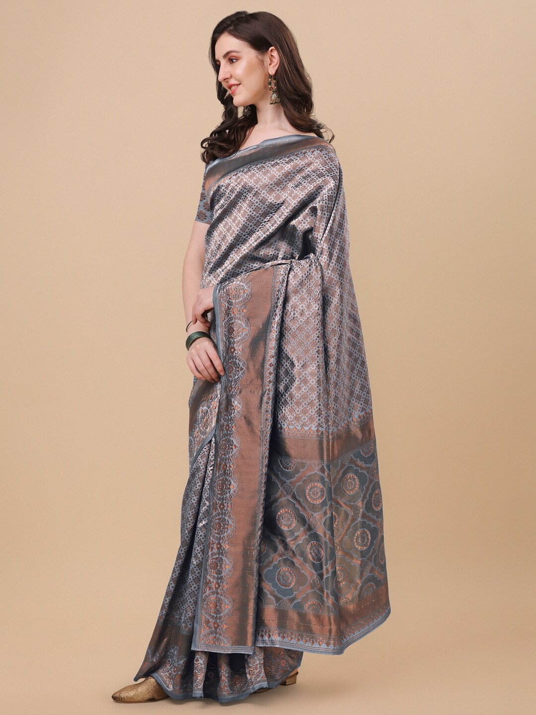 

KALINI Grey & Copper-Toned Woven Design Zari Silk Blend Banarasi Saree