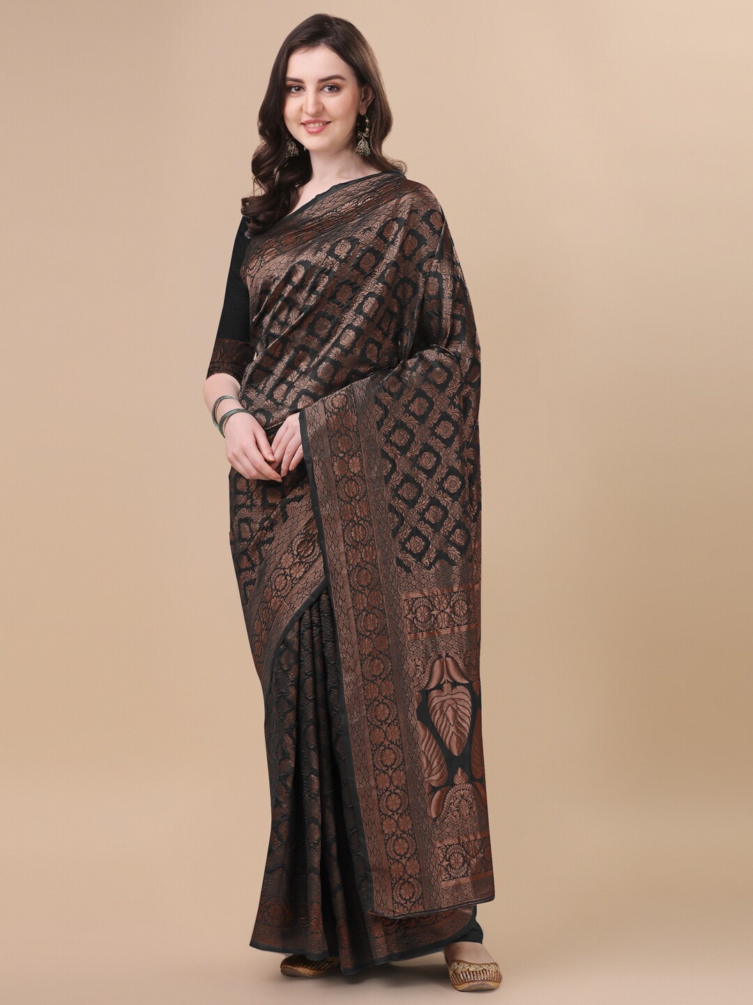 

KALINI Black & Copper-Toned Woven Design Zari Silk Blend Banarasi Saree