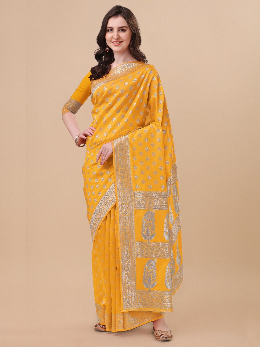 

KALINI Yellow & Silver-Toned Woven Design Zari Silk Blend Banarasi Saree