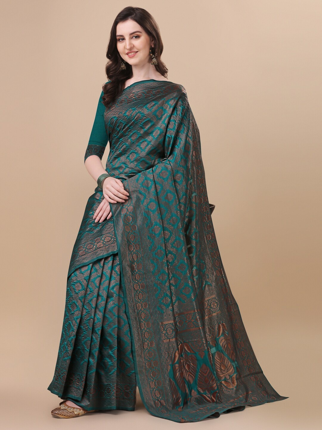 

KALINI Teal & Copper-Toned Woven Design Zari Silk Blend Banarasi Saree