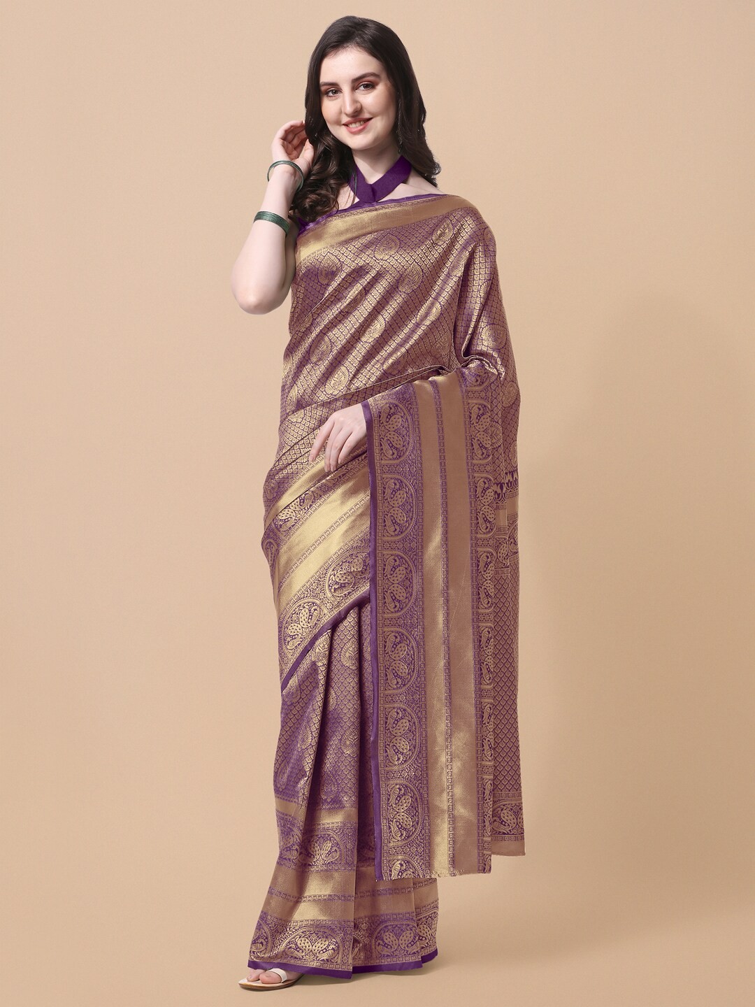 

KALINI Purple & Gold-Toned Ethnic Motifs Zari Silk Blend Banarasi Saree
