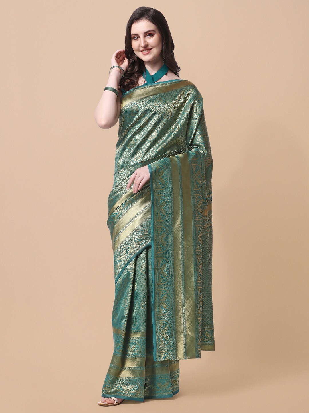 

KALINI Teal & Gold-Toned Woven Design Zari Silk Blend Banarasi Saree