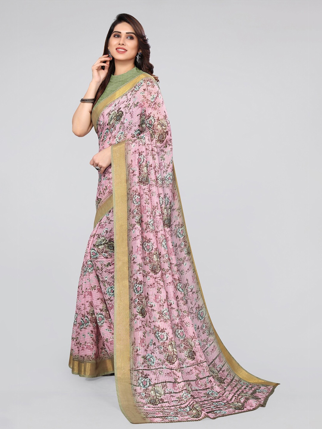 

KALINI Pink & Green Floral Zari Saree