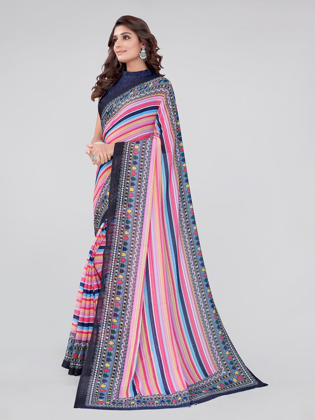 

KALINI Pink & Yellow Striped Sequinned Saree