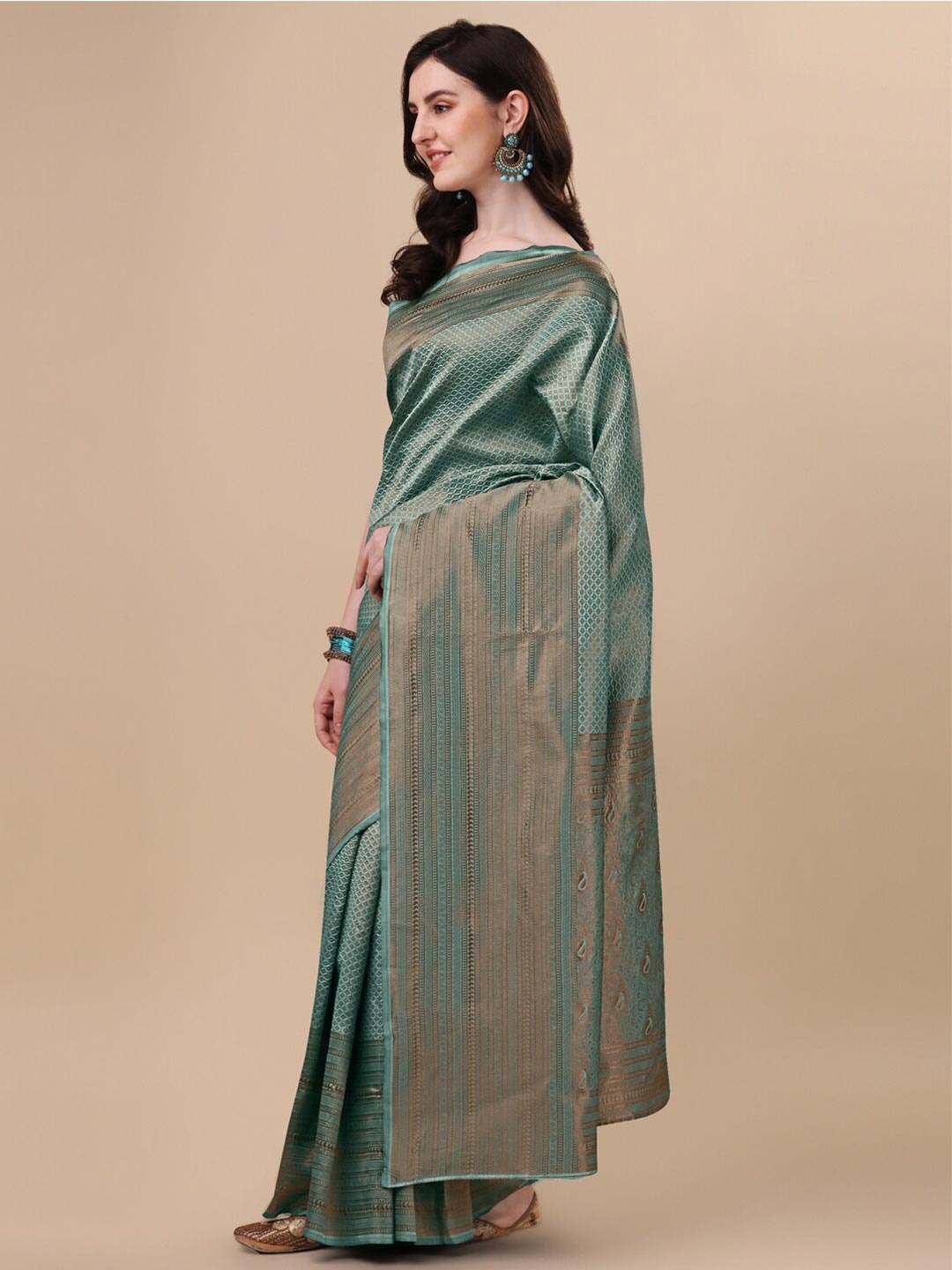 

KALINI Sea Green & Copper-Toned Ethnic Motifs Zari Banarasi Saree