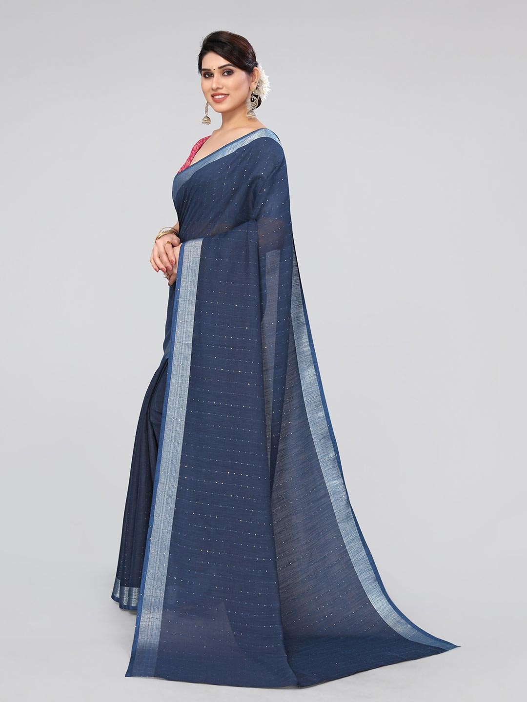

KALINI Navy Blue & Grey Striped Sequinned Saree