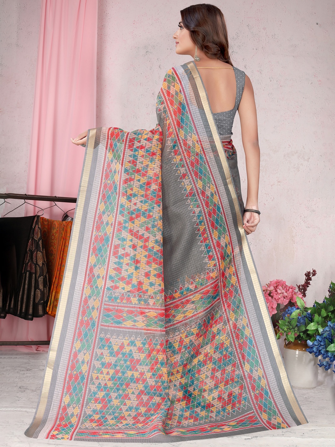 

KALINI Grey & Red Checked Zari Organza Saree
