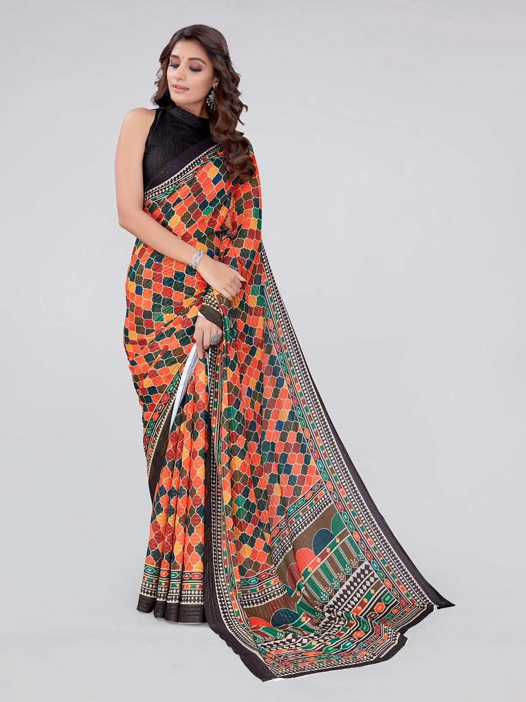 

KALINI Orange & Black Geometric Sequinned Saree