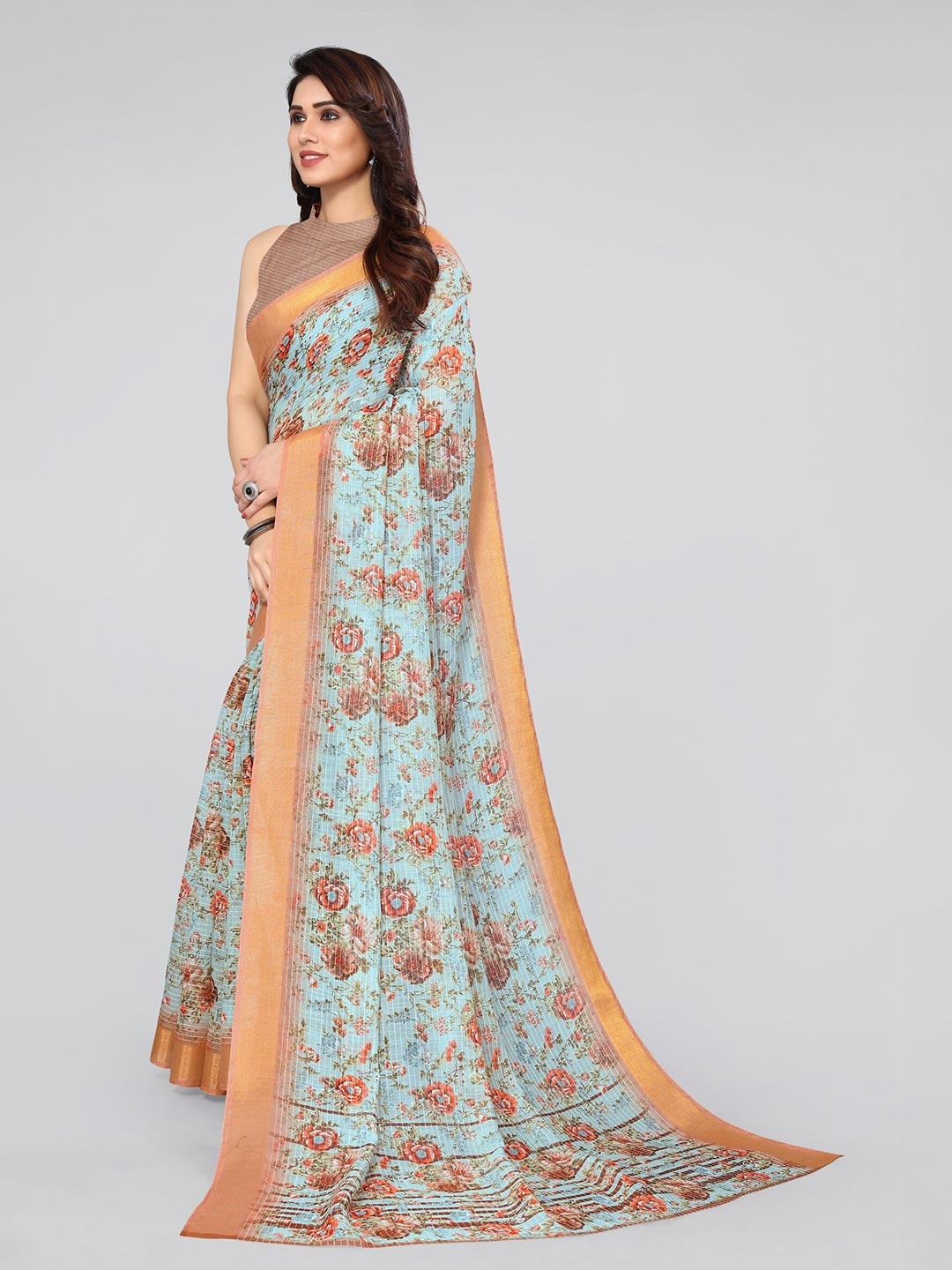 

KALINI Turquoise Blue & Orange Floral Zari Saree