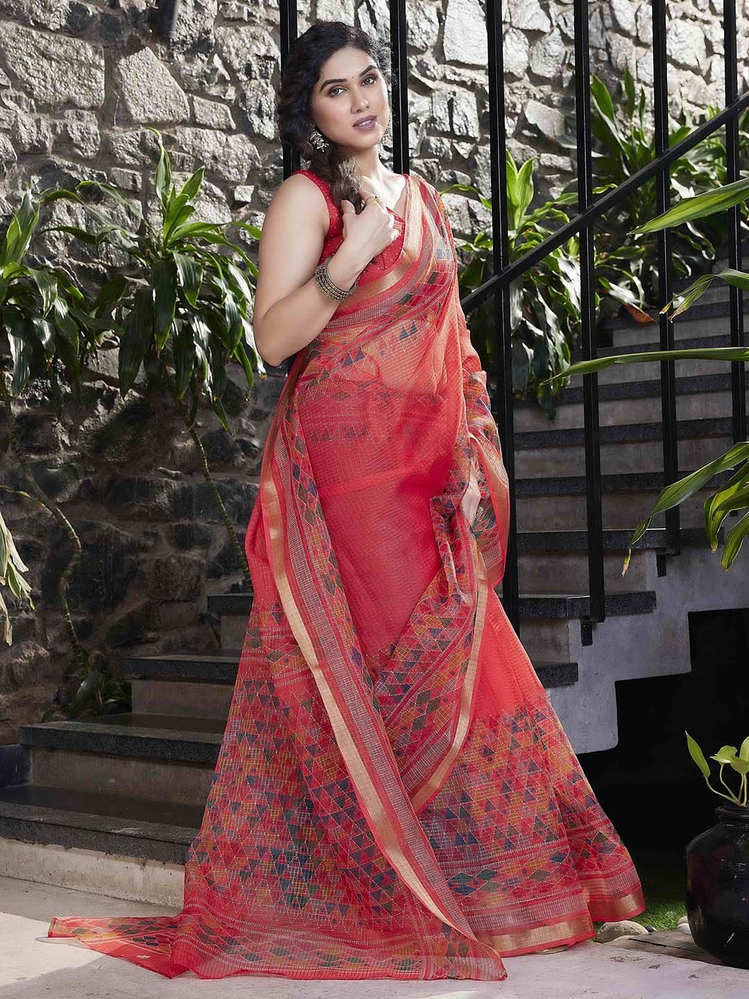 

KALINI Pink & Green Checked Zari Organza Saree