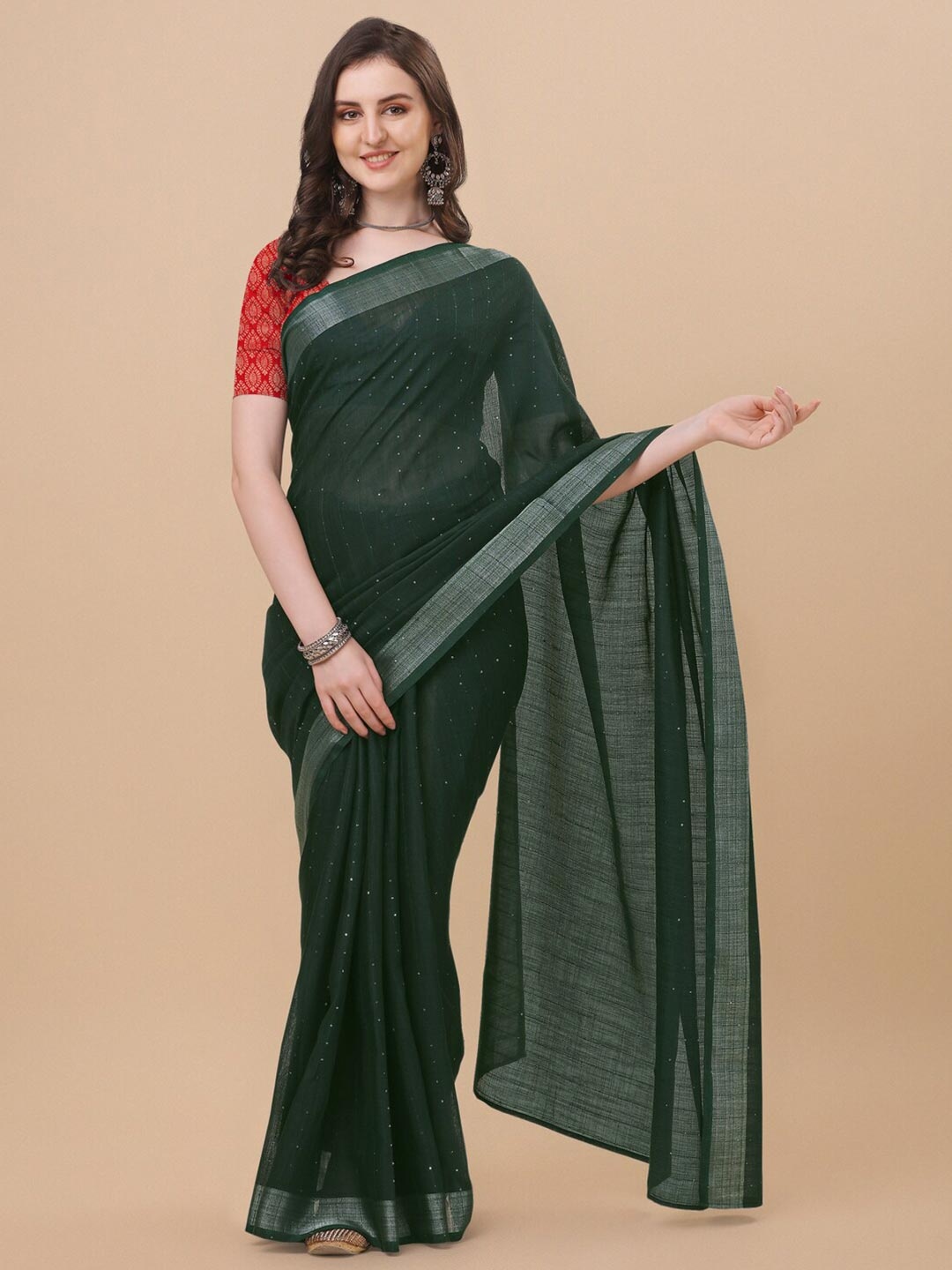 

KALINI Green & Silver-Toned Striped Sequinned Saree