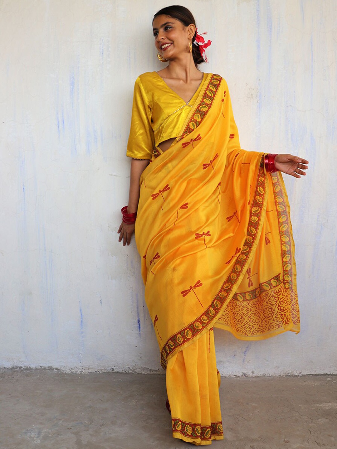 

Chidiyaa Yellow & Red Ethnic Motifs Printed Pure Silk Chanderi Saree