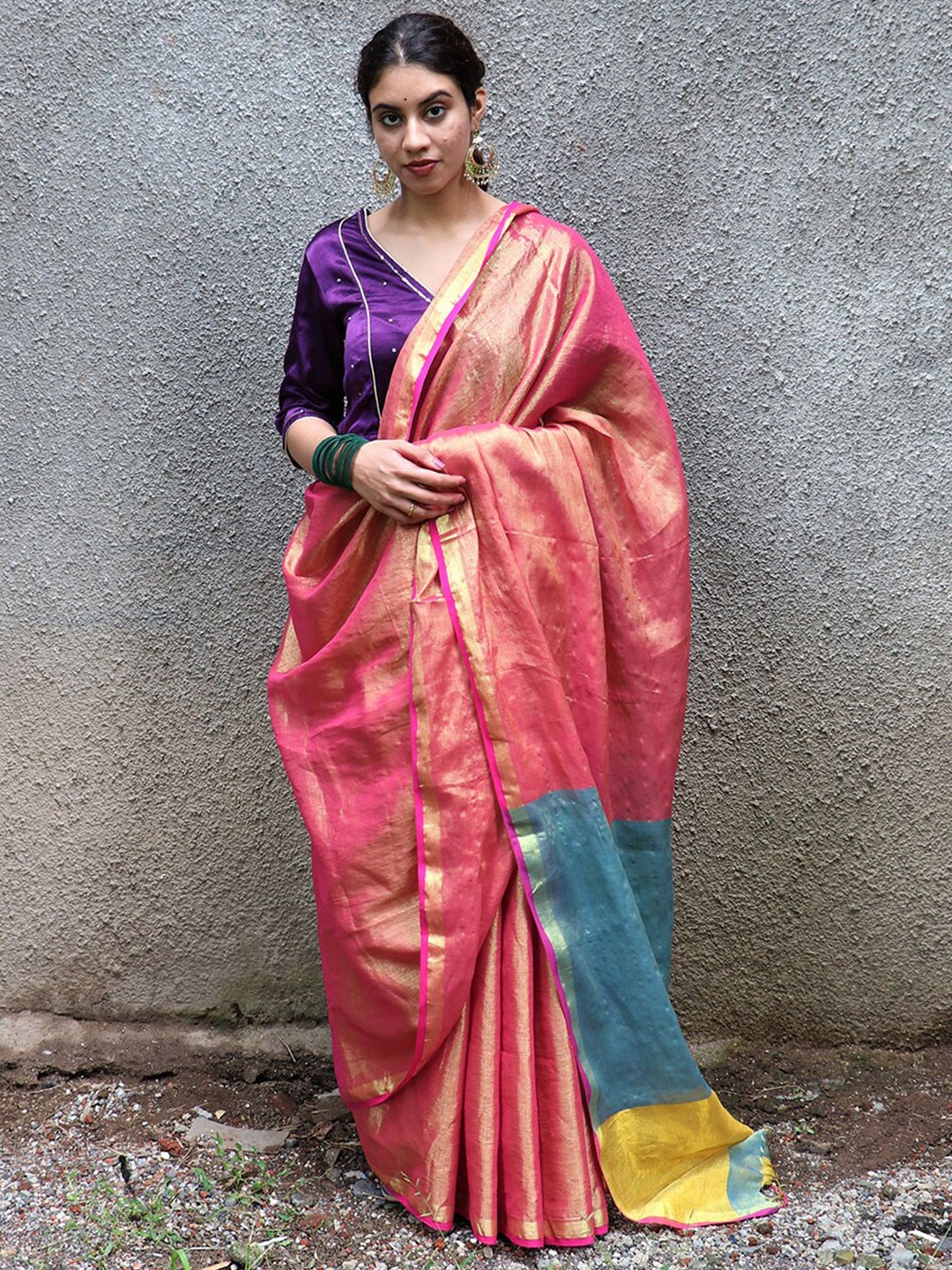 

Chidiyaa Pink & Turquoise Blue Solid Zari Pure Cotton Saree
