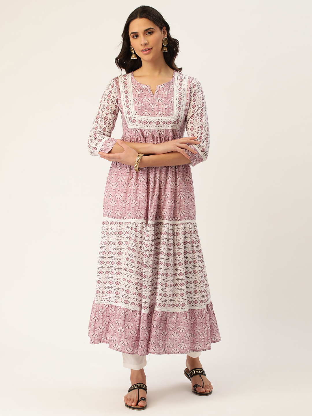 

HEEPOSH Women Pink & White Tribal Print Tiered Anarkali Kurta