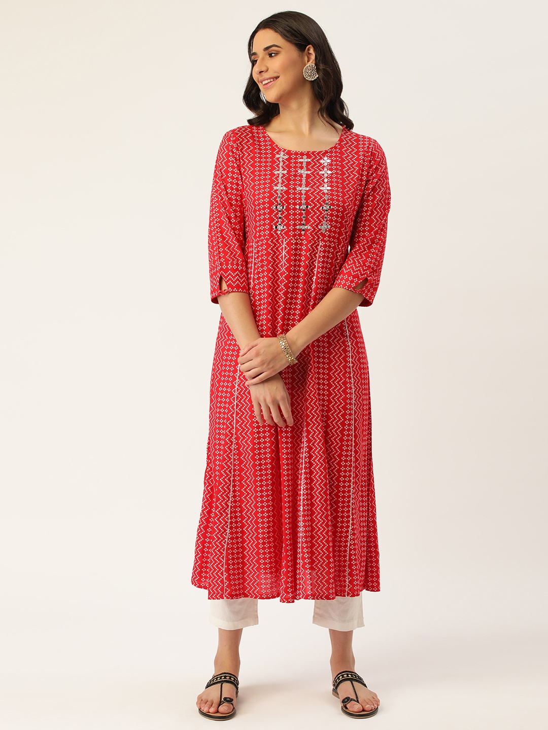 

HEEPOSH Women Red & White Bandhani Print Mirror Work Anarkali Kurta