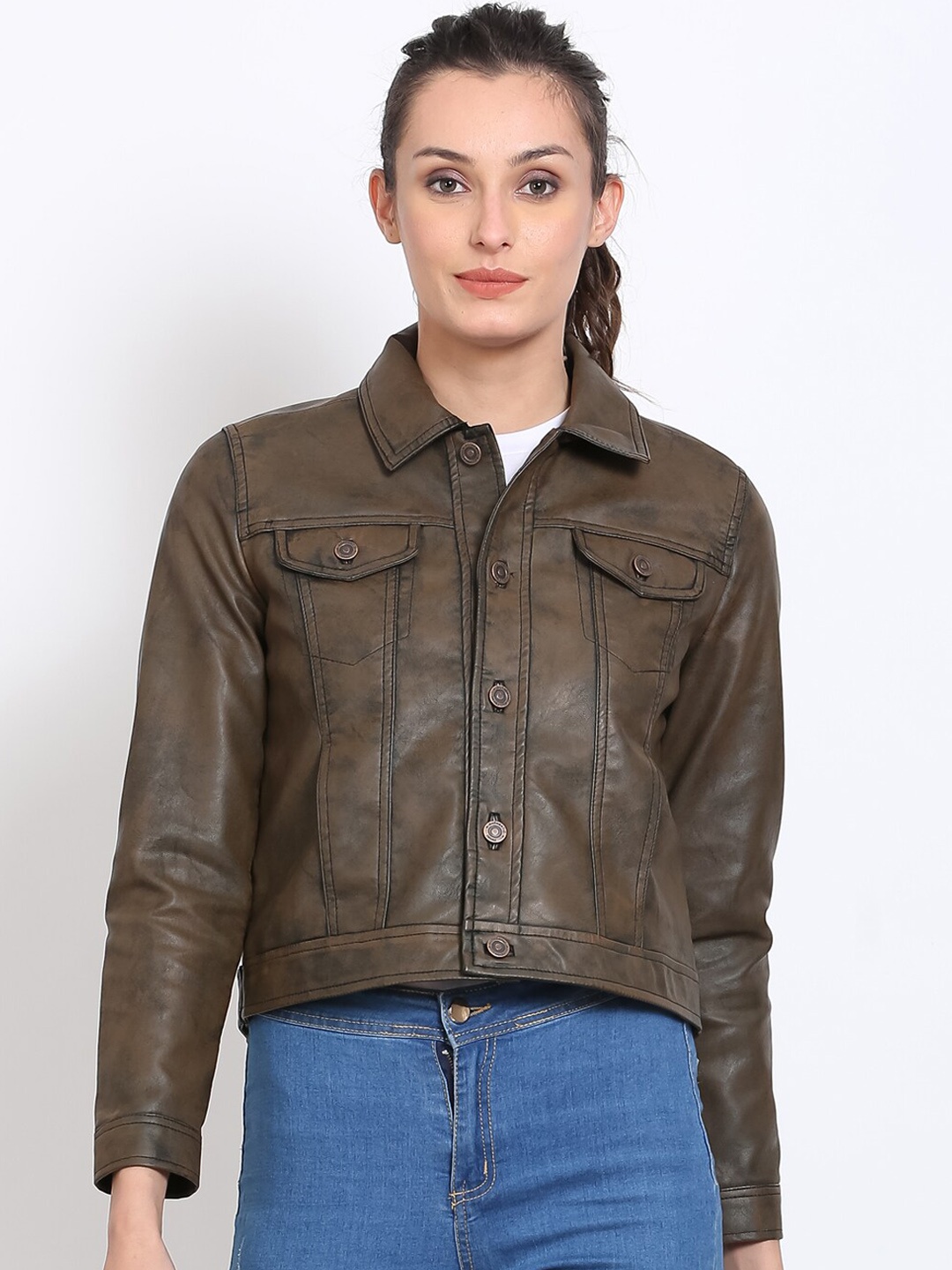 

Justanned Faux Leather Lightweight Bomber Jacket, Brown