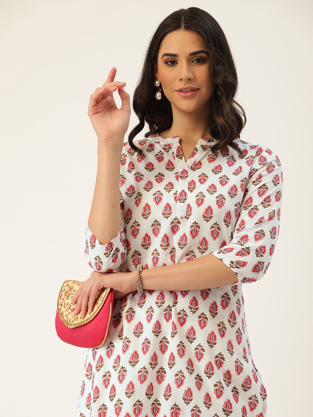 

HEEPOSH Women Off White & Pink Floral Print Kurta