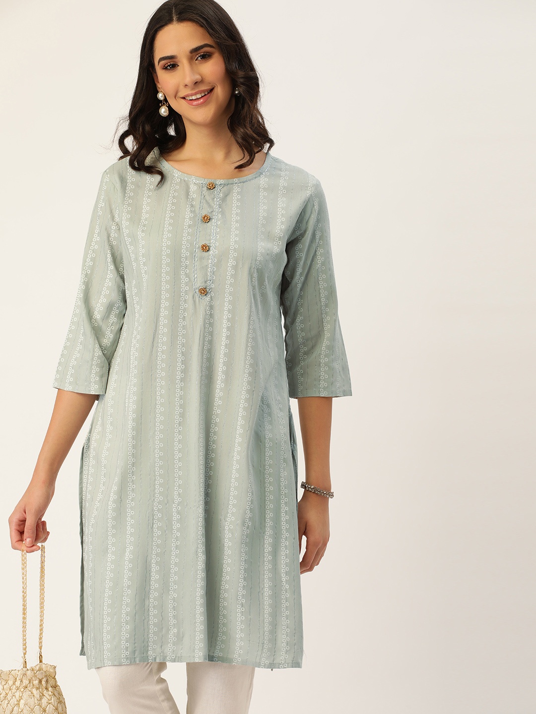 

HEEPOSH Women Grey & White Striped Kurta
