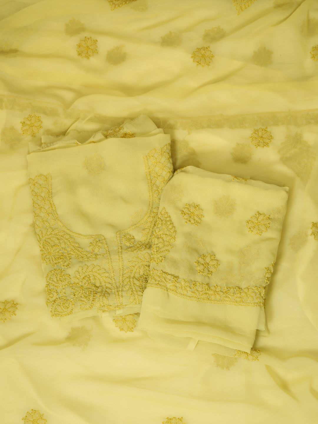 

ADA Yellow Embroidered Georgette Unstitched Dress Material