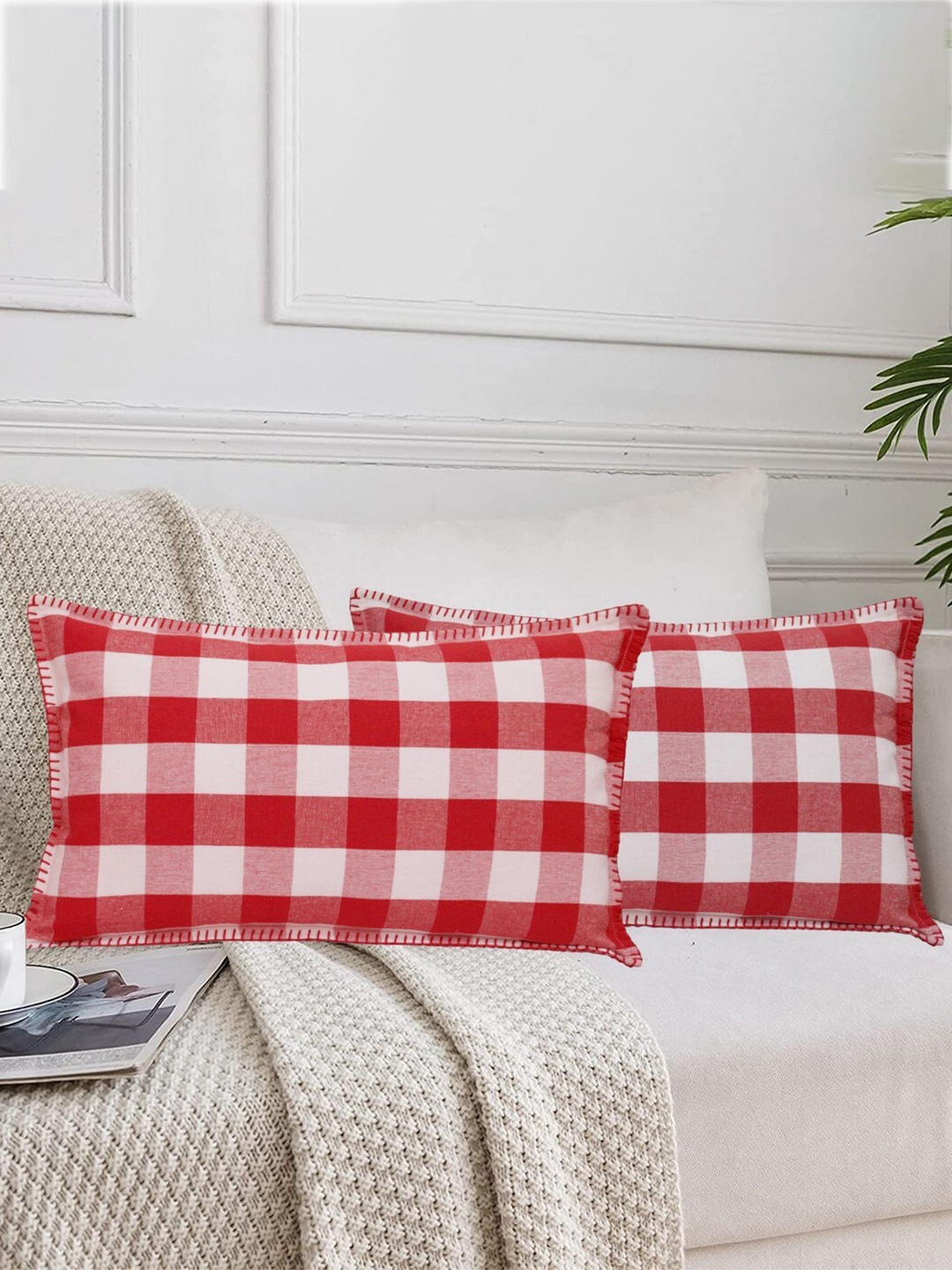 

Lushomes Red & White Set of 2 Checked Cotton Rectangle Cushion Covers