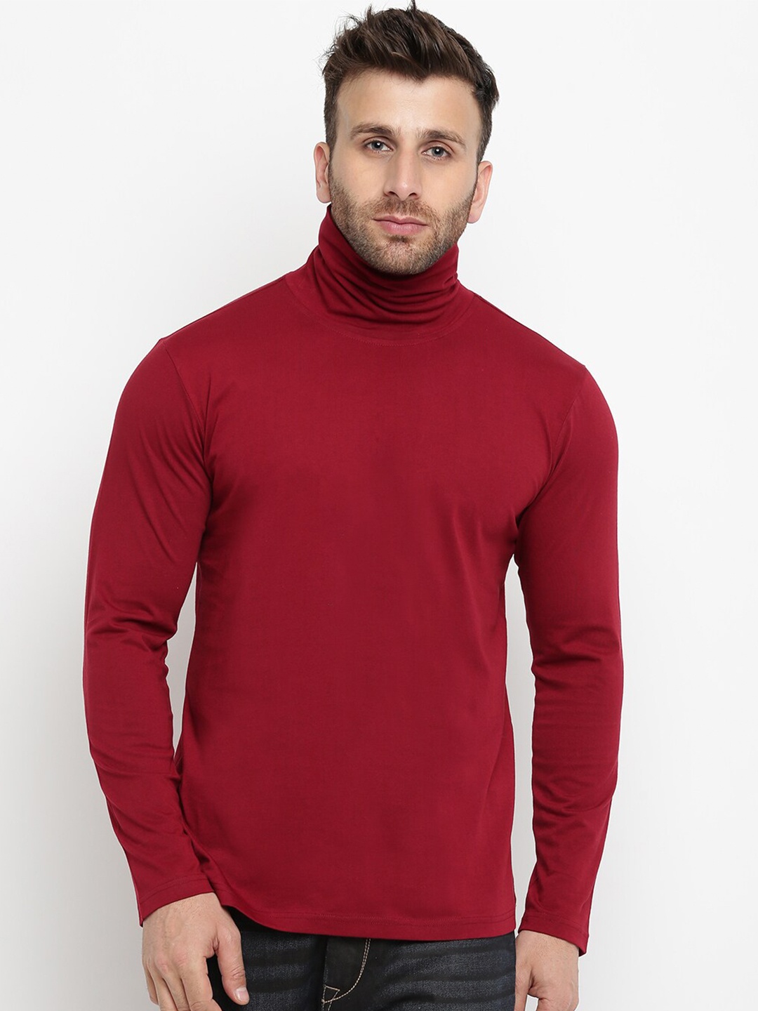

GRITSTONES Men Cotton Maroon High Neck T-shirt