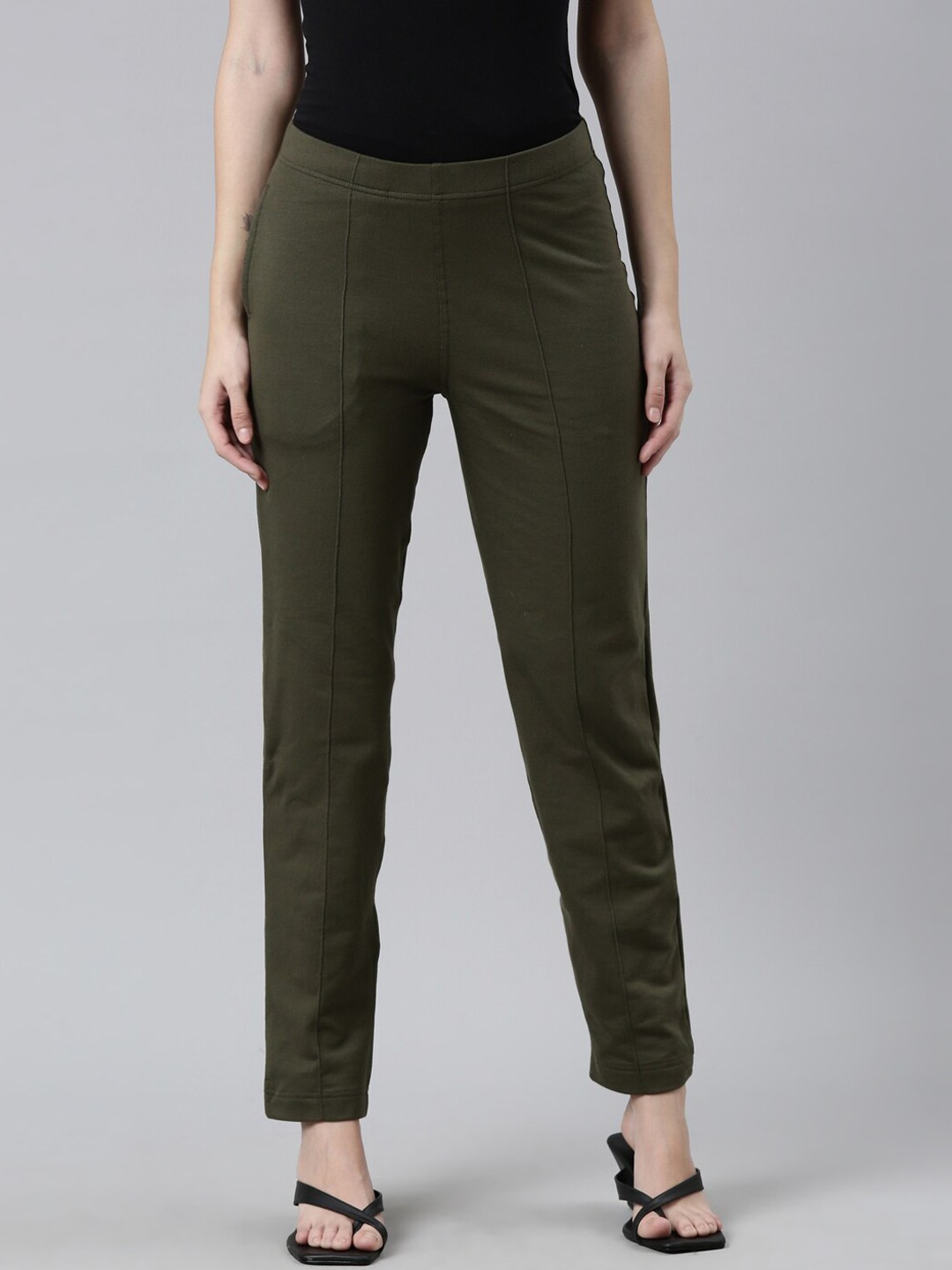 

Go Colors Women Olive Green Cotton Straight Fit Trousers