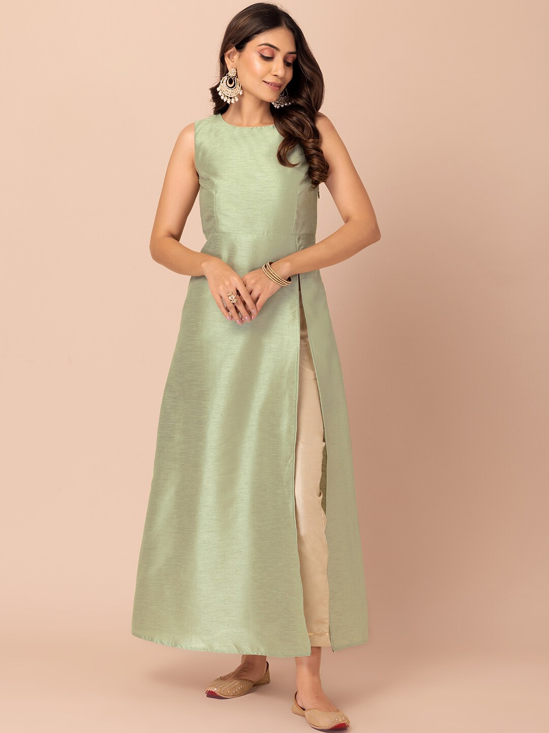 

INDYA Round Neck A-Line Silk Kurta, Green