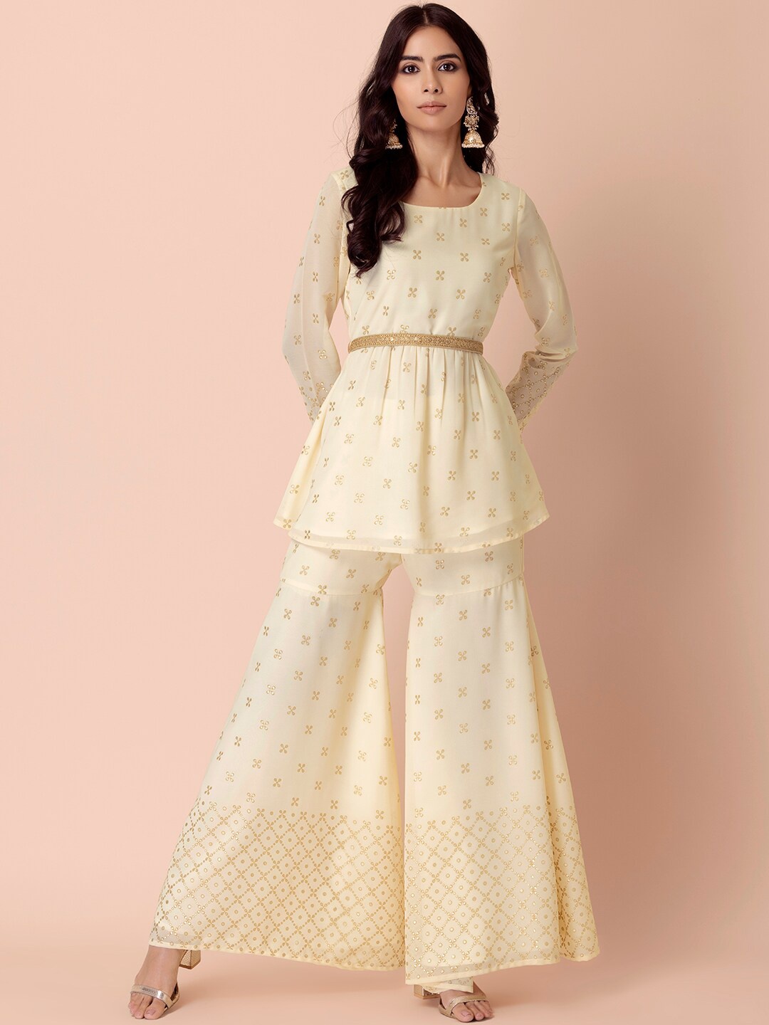 INDYA Women Off White Floral Sequinned Kurti with Sharara