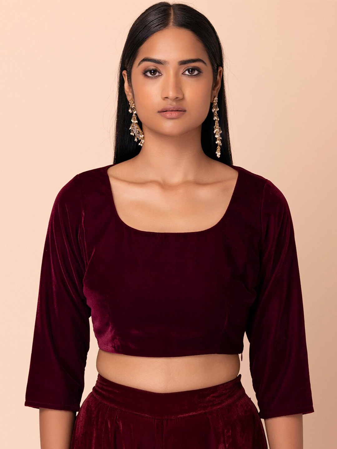 

INDYA Maroon Scoop Neck Velvet Crop Top