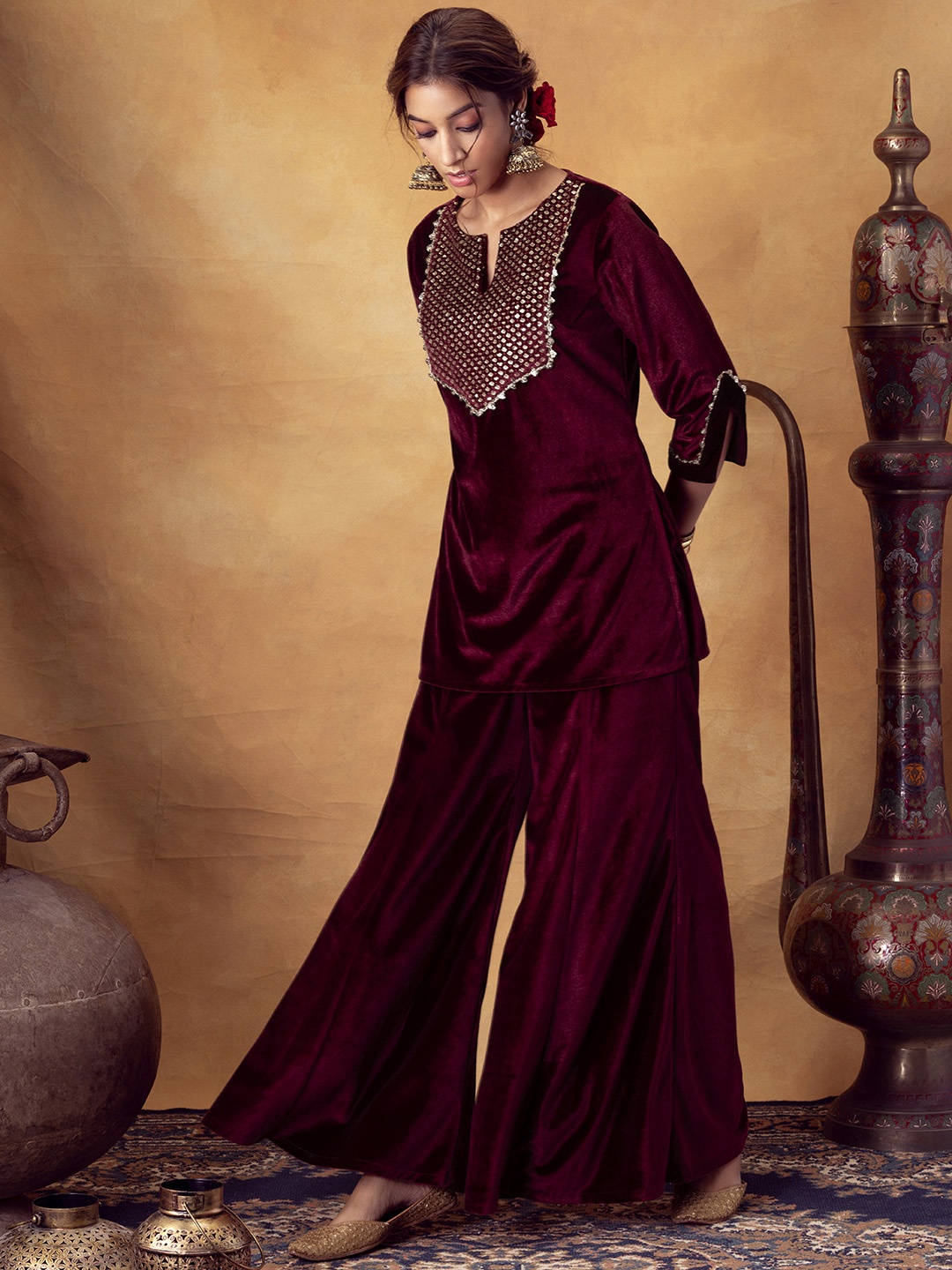 

INDYA Women Maroon Yoke Design Sequinned Velvet Kurti with Sharara