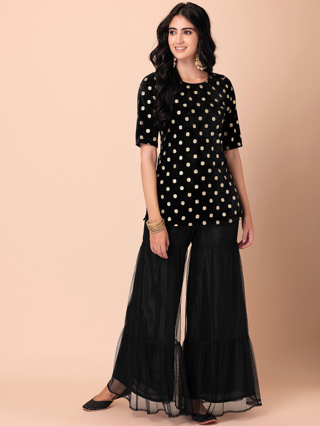

INDYA Women Black Ethnic Motifs Printed Velvet Kurti with Sharara