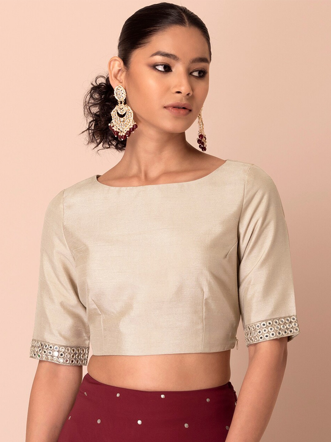 

INDYA Beige Boat Neck Crop Top