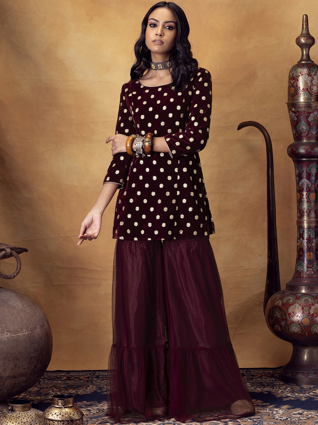 

INDYA Women Maroon Ethnic Motifs Embroidered Velvet Kurti with Sharara