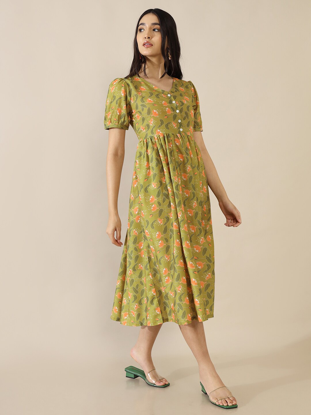 

Saaki Green Floral A-Line Midi Dress, Olive